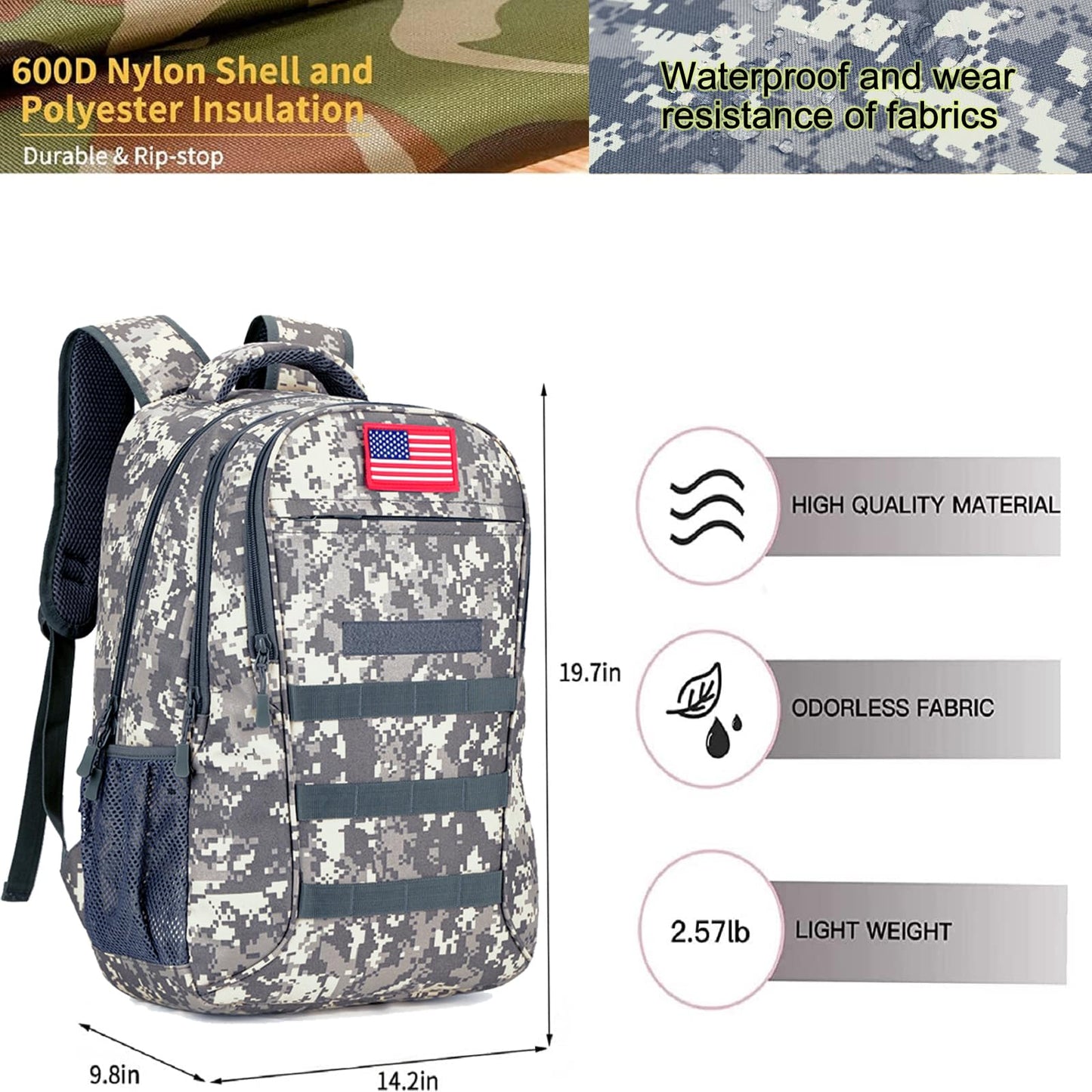HYSANOG Boys Backpack for School,Military Teen Boys Backpack with USB Charging Pot,Camo Backpack Men 40L