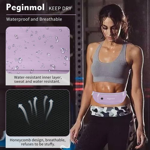 Peginmol Slim Running Belt Fanny Pack, Waist Pack Bag for Women Men, Running Pouch for Phone Waterproof Reflective with 3 Pouches, Running Phone Holder for Sports, Traveling (Purple)