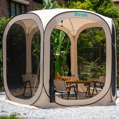 Werph Screen Tent Pop-Up, Portable Tent Canopy with Mesh Mosquito Net, Screen House Room Canopy Shade Screen Houese 10x 10 FT with Carry Bag for Patio, Backyard, Sports & Outdoors Activities, Beige