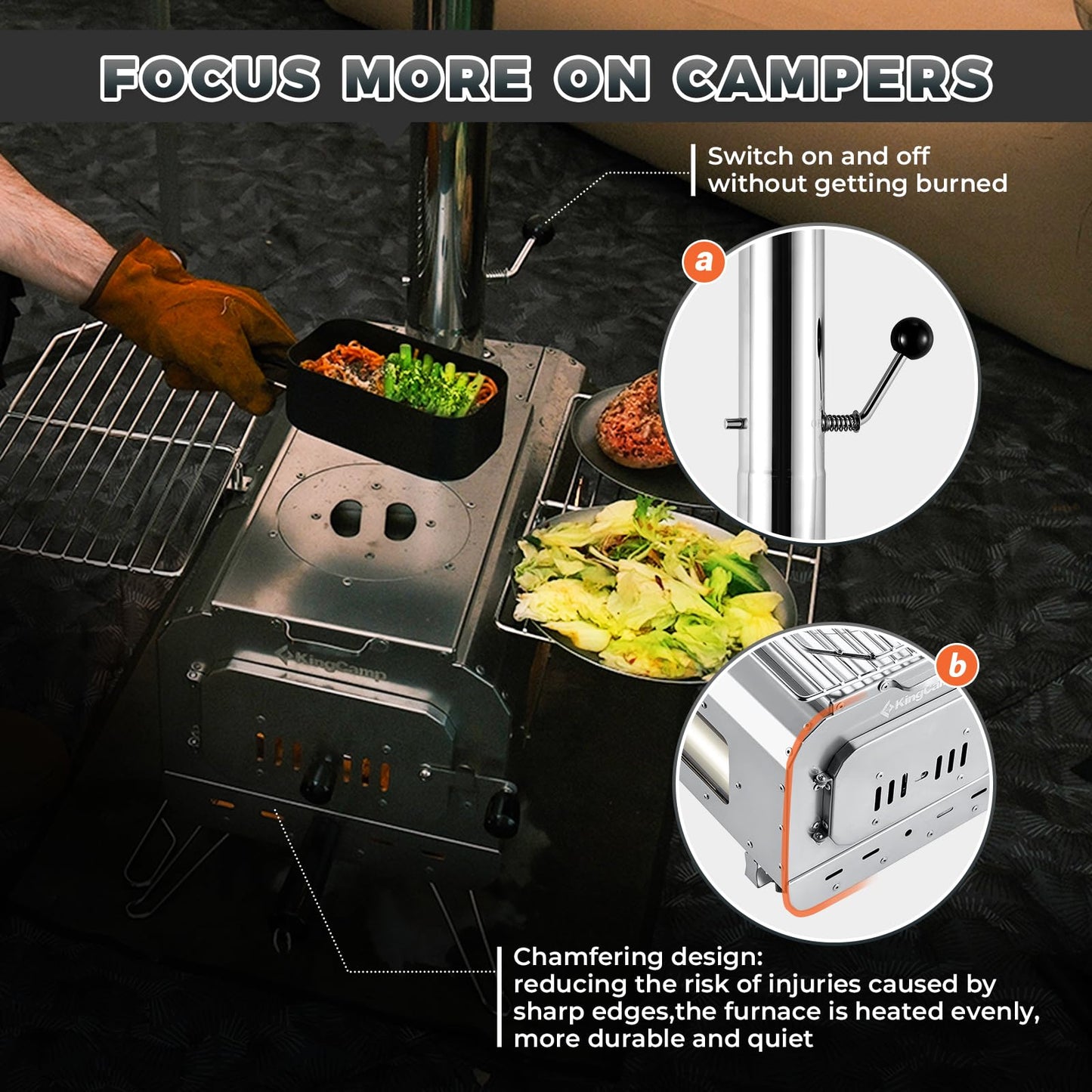 KingCamp Hot Tent Stove, Foldable Camping Stove with Large Firebox, 7.5ft Winter Camping Stove for Tent, Shelter, Cabin Heating, With Chimney Pipes, Heat Resistant Glass & Gloves for Outdoor