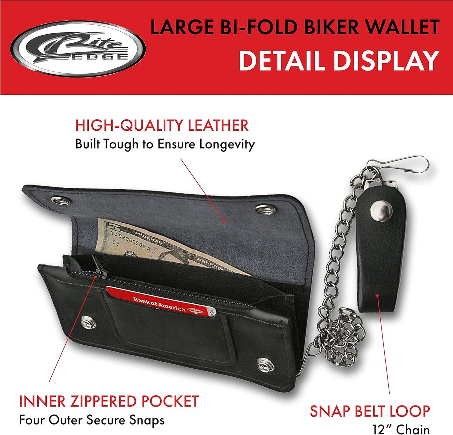 SZCO Supplies Large Bi-Fold Biker Wallet, 8x3.75-Inch , Black