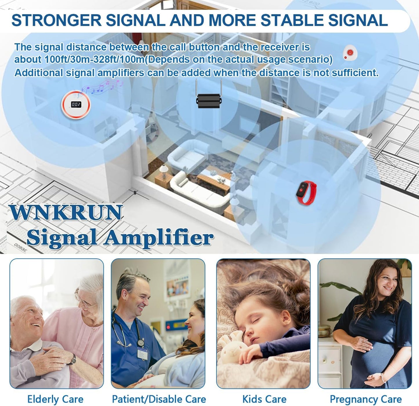 Wireless Caregiver Pager Call Button Emergency Calling System 328 Feet 1 Call Button/1 Watch Button/1 Receiver Nurse Alert System for Elderly Patient Disabled (1 Red H1+1 3DB+M2)