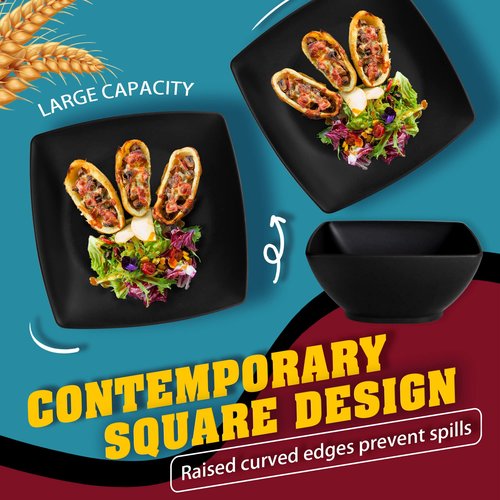 Teivio 16-piece Plastic Wheat Straw Square Dinnerware Set for 4, Unbreakable Dinner Plates, Salad Plates, Snack Bowls, Mugs, Dishwasher Safe, Black