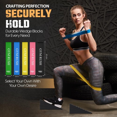 GYMRUSH Squat Wedge Block 6PCS, Resistance Bands 5PCS, Adjustable Non-slip Rubber Squat Ramp, Weight Lifting, Deadlift, Calf stretcher, Slant board, Improve Mobility Balance and Strengthen Performance