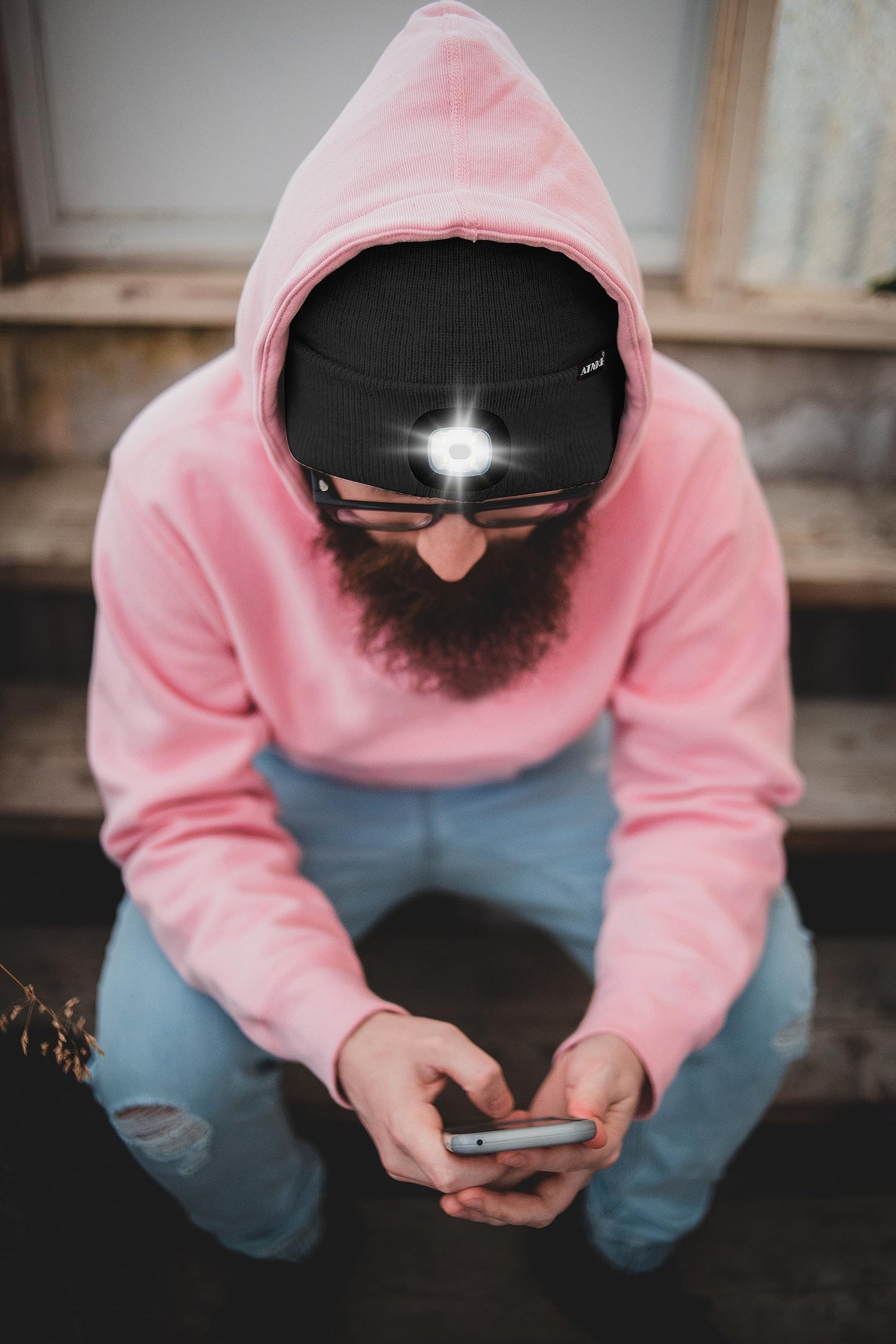 ATNKE 2Pcs LED Lighted Beanie Hat,USB Rechargeable 4 LED Running Headlamp Bright Cap with Light Gifts for Men and Women/#Black