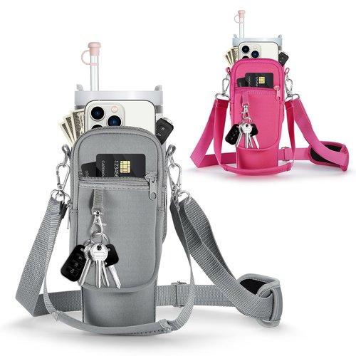Carrier Bag with Phone Pocket and 2 Adjustbale Straps for Stanley 40oz Tumbler（Hot Pink+Grey）