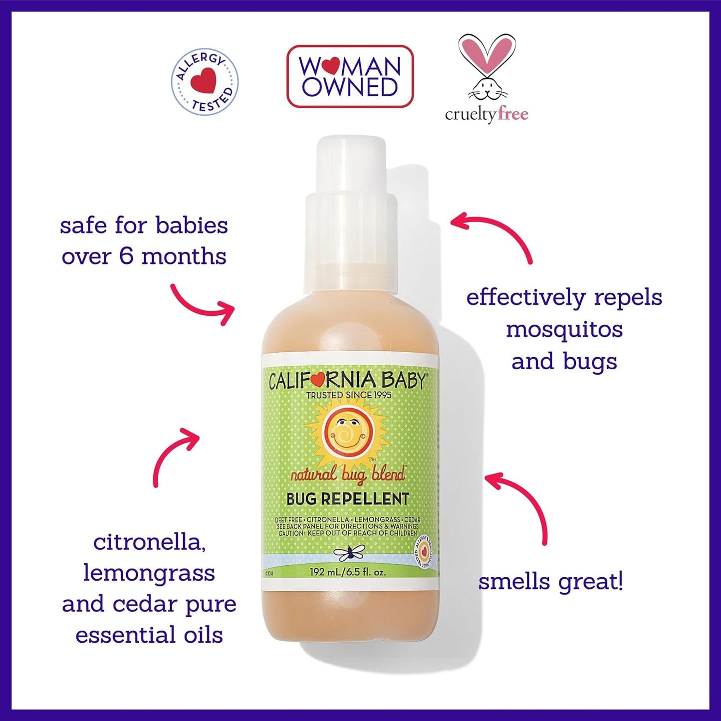 California Baby Natural Bug Repellent Spray | Citronella Bug Spray | DEET-Free | Repels Mosquitoes + Bugs | Allergy Friendly | Great Smell | Baby & Adult Insect Repellent Spray | 59 mL / 2 oz.