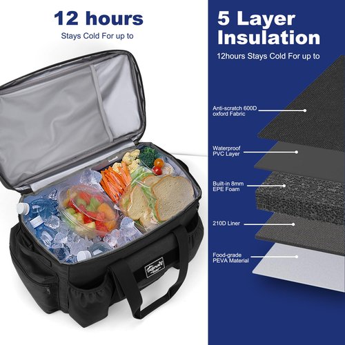 YOUNGOA 30L Large Soft Sided Cooler Bag, Insulated Collapsible Coolers for Travel, Camping, Beach, Grocery, 48-Can, Leakproof, Black