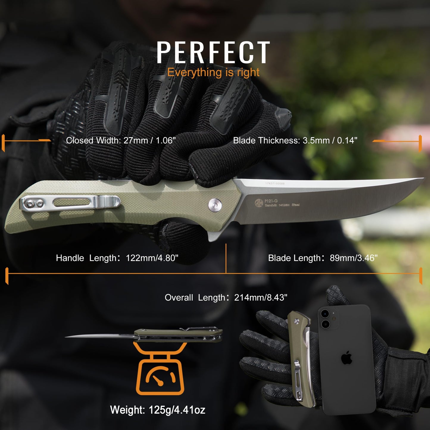 Heavy Outdoor Tactical Folding Pocket Knife for men,14C28N Stainless Steel Blade,G10 Handle,Liner Lock,EDC Hunting Bushcrafting Camping Knives Belt Clip Carry,Microtech Elemental Fishing Hiking,Father Dad Gifts Ruike p121