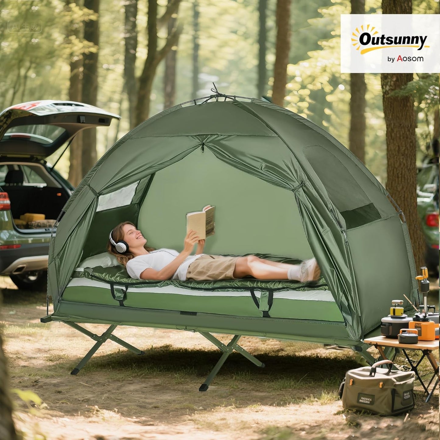 Outsunny Camping Tent Cot, 4-in-1 Folding Tent Cot Combo with Mattress, Pillow, Sleeping Bag, Roller Carrying Bag, Off Ground Travel Camp Cot for Hiking, Backpacking, Picnic