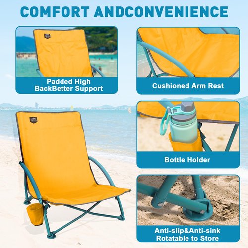 LANMOUNTAIN 2 Pack Low Beach Chair,Folding Recliner Camping Chair for Adults,Lightweight Backpacking Low Seat Camping Chairs with Cup Holder, Carry Bag for Outdoor Camp Lawn Picnic Festival,Yellow