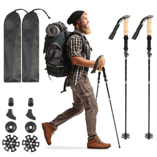 Collapsible Hiking Poles – Set of 2 Adjustable Aluminum Alloy Trekking Poles with Comfortable EVA Foam Handles for Sports & Outdoors, Camping Gear – Includes Various Pole Tips and Carrying Bag, Black