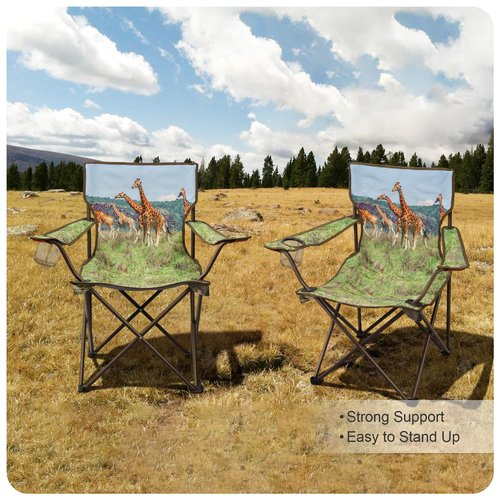 LANMOUNTAIN 2 Pcs Animal Pattern Camping Chair,Folding Backpacking Lightweight Beach Chair w/Cup Holder,Mesh Side Pocket,Carry Bag,Portable Lawn Chair for Adults Family Outdoor Parties,Hiking,Giraffes
