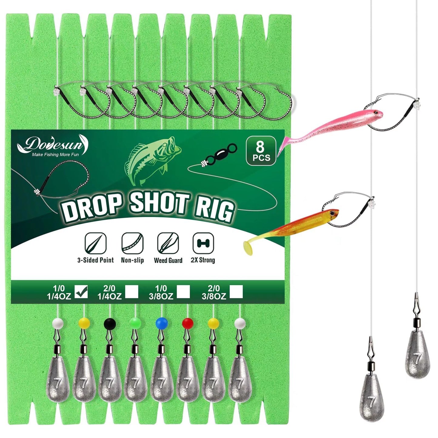 8PCS Ready Tied Drop Shot Rigs for Bass Fishing Drop Shot Hooks Fishing Rig with Drop Shot Weights 1/4OZ Swivel Fluorocarbon Fishing Line Weedless Hooks 1/0