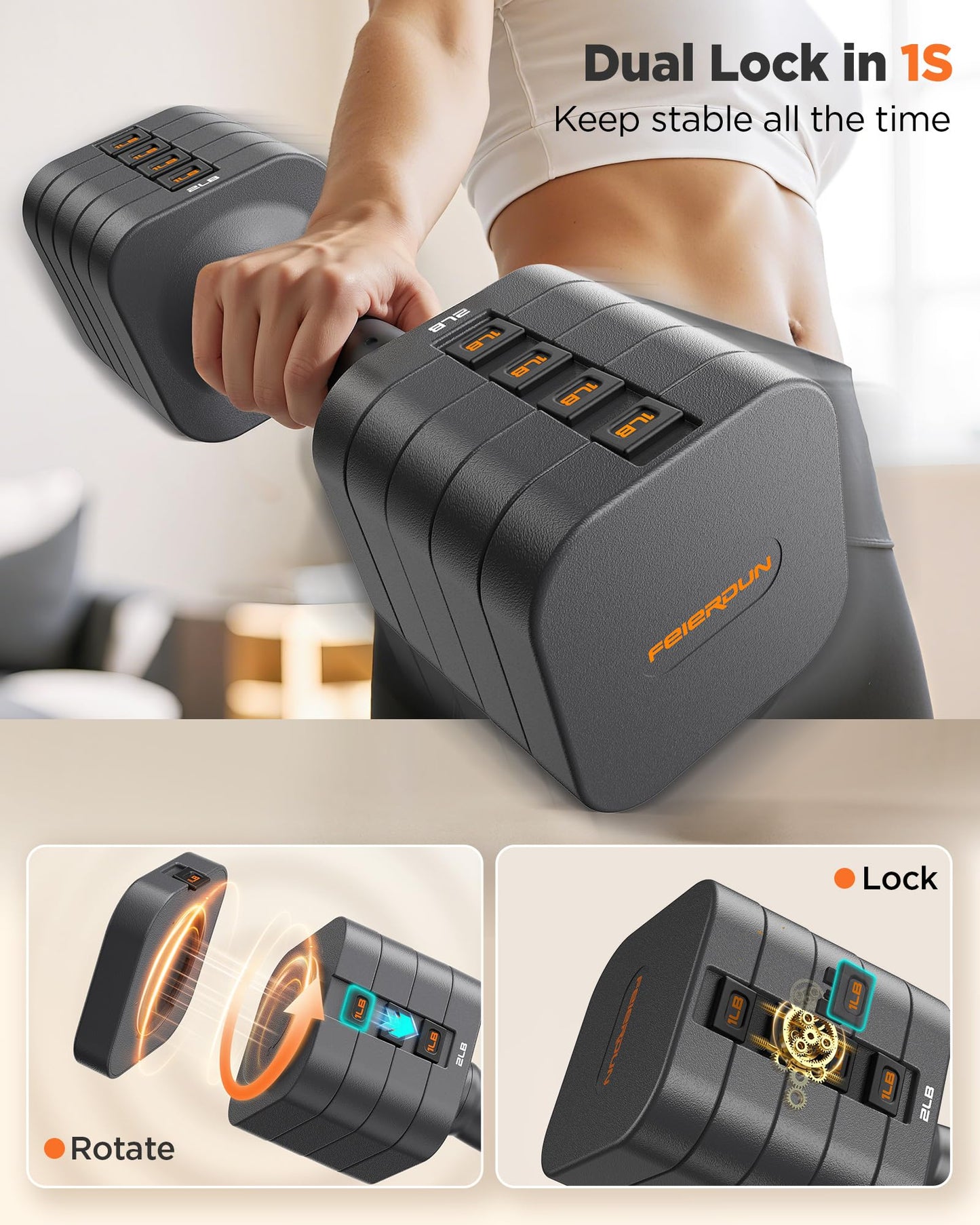 FEIERDUN 5-in-1 Adjustable Dumbbell Set of 2, 20LBS/10LBS Hand Weights for Women, 1s-Adjust Dual-Stable Dumbbell Set for Women Home Gym & Outdoor