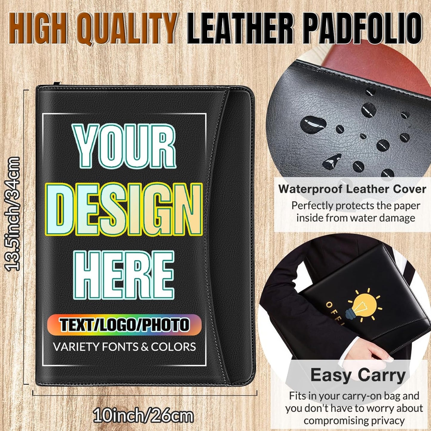 Personalized Portfolio Leather Custom Padfolio for Men Women Customized Binder with Logo/Text/Photo, Professional Folio with Zipper for Business, Interviews, Resumes-Black