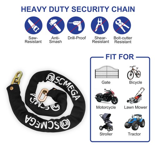 SCMEGA Heavy Duty Security Chain 4ft x 5/16"(8mm) Hardened Alloy Steel Gate Chain,Uncuttable Bike Chain,Thick Square Chain for Anti Theft,Motorcycles,Bicycles,Industrial Property,Valuable Possessions