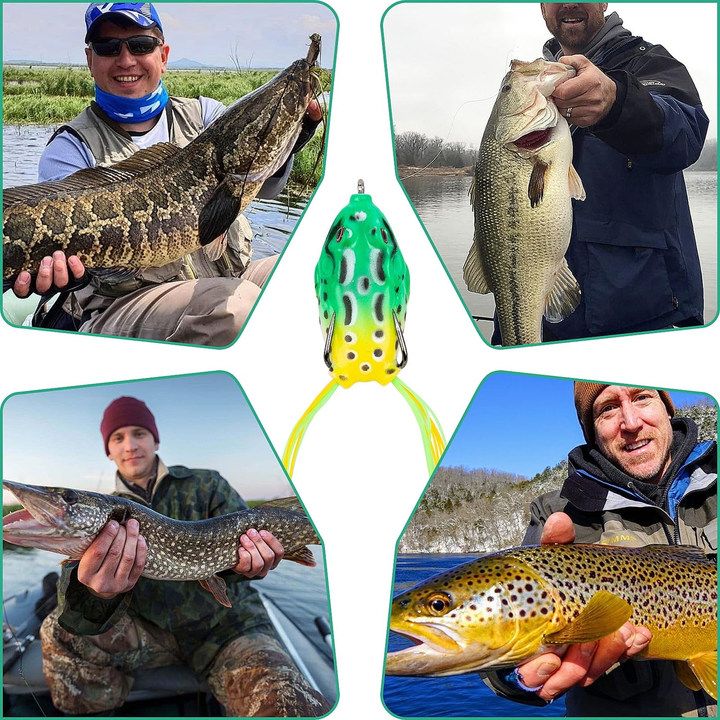 5 PCS Topwater Frog Lures Soft Silicone Fishing Lures Kit - Realistic Design Frog Swimbait with Weedless Hooks and Portable Box, Suitable for Freshwater and Saltwater Bass Fishing