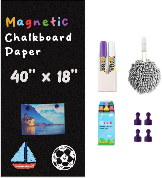 YOUNGJQ Magnetic Chalkboard Contact Paper for Wall 40" x 18" Self Adhesive Blackboard Wallpaper Peel and Stick Wall Decal with Starter Kit for Home Playroom Classroom