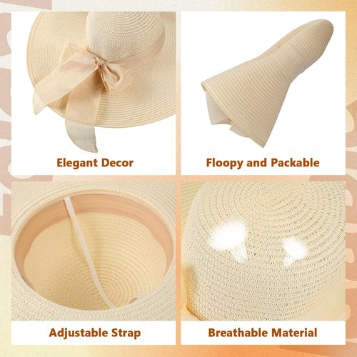 Tigeen 12 PCS Women's Wide Brim Straw Hats Floppy Sun Hat Foldable Multicolor Summer Beach Sun Cap UPF 50+(Beige)