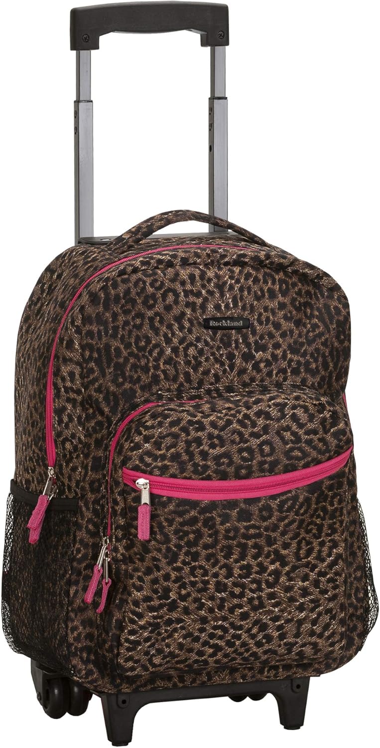 Rockland Double Handle Rolling Backpack, BLUELEOPARD, 17-Inch