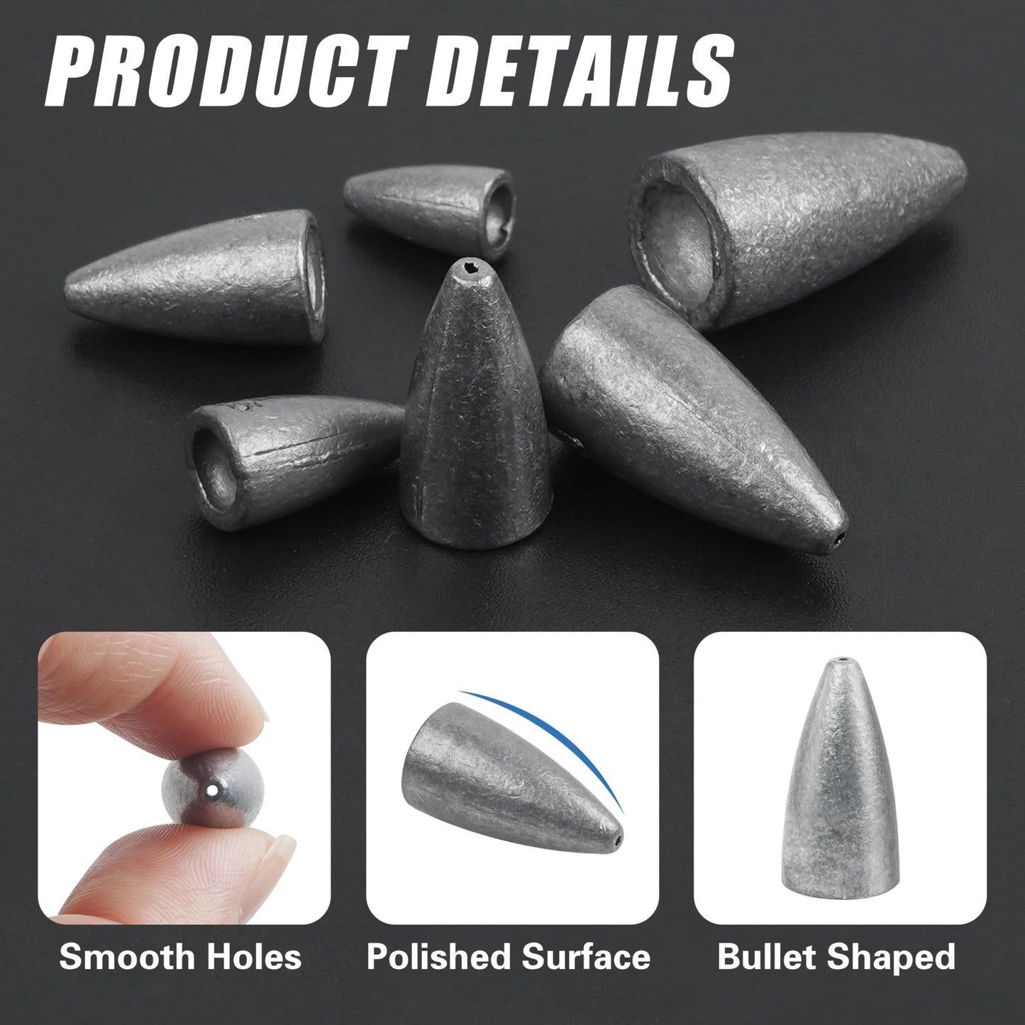 JOGFFDE 50pcs Bullet Fishing Weights Sinker Kit Worm Weights Slip Fishing Sinkers Sliding Weights for Bass Fishing Texas Rigs Freshwater Saltwater Fishing Tackle, Assorted, Unpainted