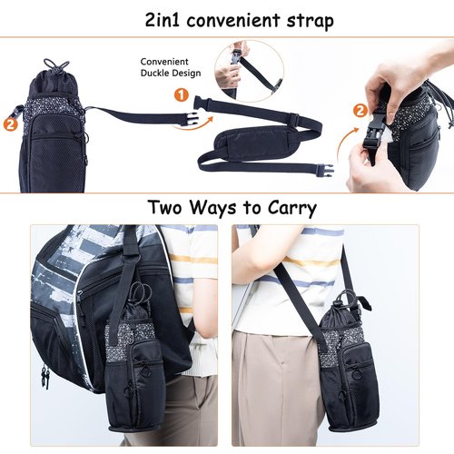 SPORJET Water Bottle Holder with Strap 64oz Water Bottle Carrier Bag with Phone Pocket - Crossbody Water Bottle Bag - Water Bottle Pouch for gallon water bottle, Medium, Black