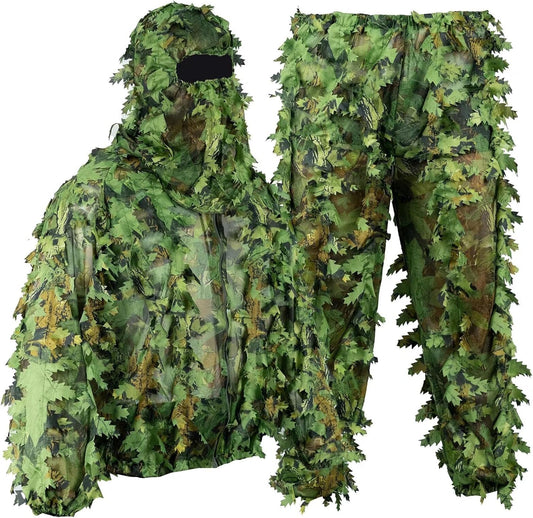 HYOUT Hooded Ghillie Suit Camo Suit Woodland Forest Military 3D Green Leafy Clothing Costume for Jungle Halloween Party