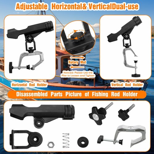 Liliful 6 Pack Fishing Boat Rod Holder 360 Degree Adjustable with Large Clamp Boat Rod Bracket Folding Fishing Pole Holders for Kayak Canoe Raft