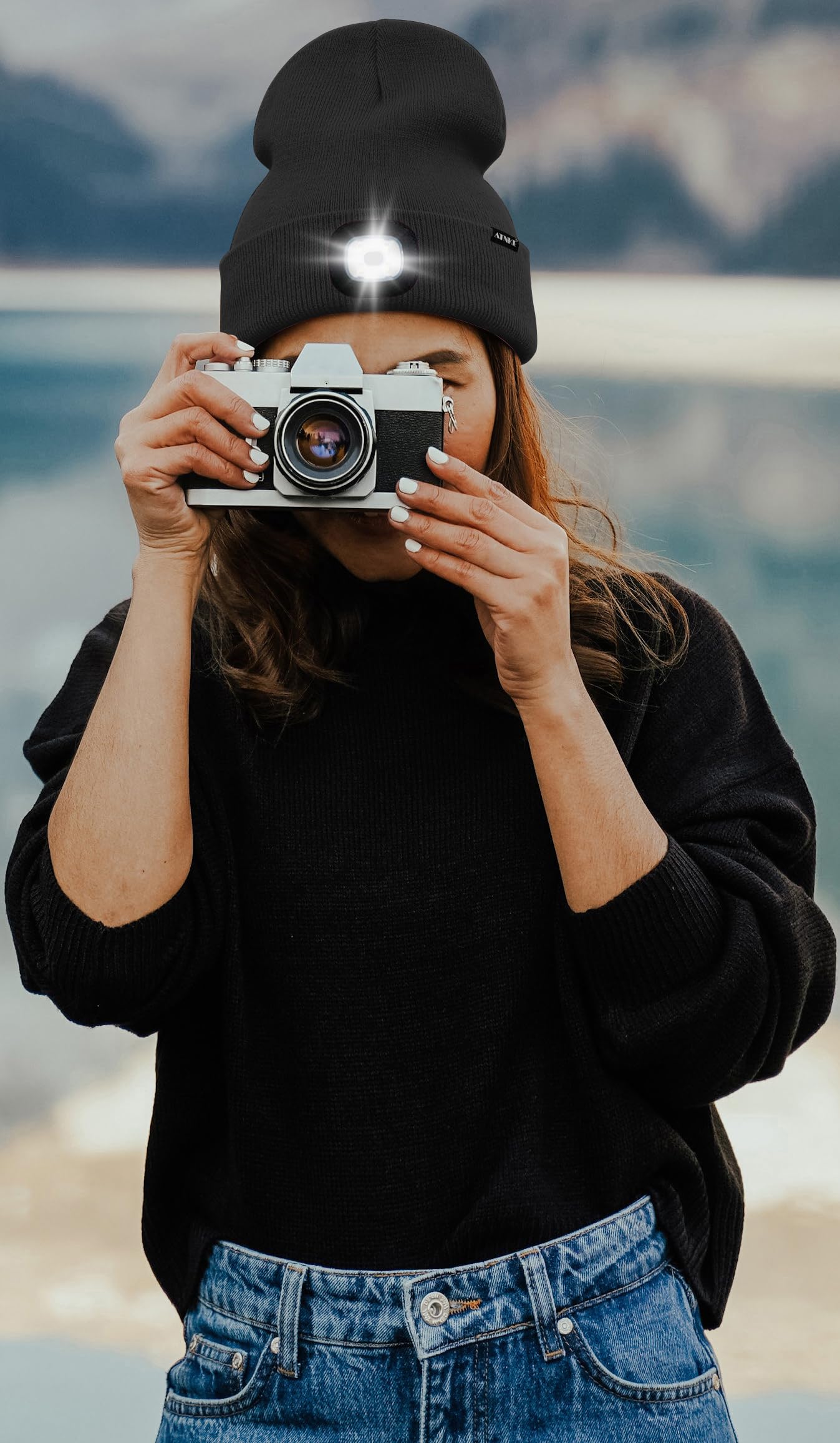 ATNKE 2Pcs LED Lighted Beanie Hat,USB Rechargeable 4 LED Running Headlamp Bright Cap with Light Gifts for Men and Women/#Black