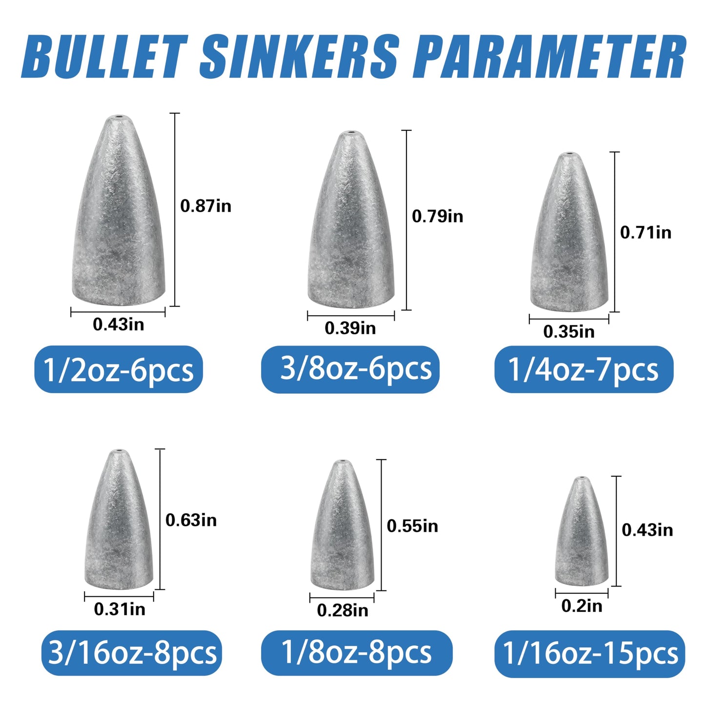 JOGFFDE 50pcs Bullet Fishing Weights Sinker Kit Worm Weights Slip Fishing Sinkers Sliding Weights for Bass Fishing Texas Rigs Freshwater Saltwater Fishing Tackle, Assorted, Unpainted