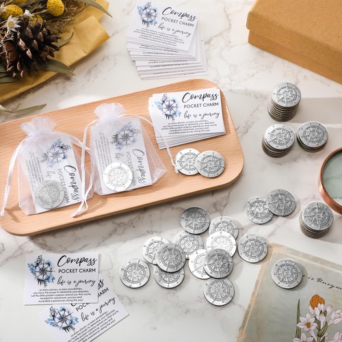 Beeveer 50 Sets Compass Pocket Tokens Bulk – Motivational Coins with ''Life is a Journey'' Quote, Cards & Organza Bags, Orientation Gifts for Students, Teachers, Friends