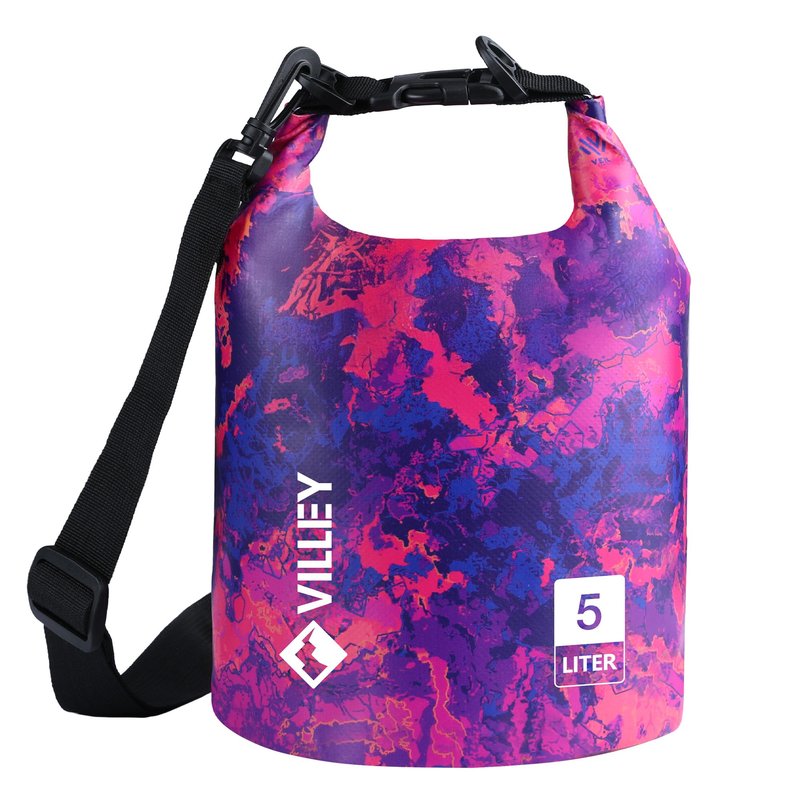 VILLEY Dry Bag Waterproof 5L Roll Top Storage Backpack, Keeps Gear Dry Lightweight Backpack for Kayaking Boating Camping Swimming and Beach Accessories Purple Camo