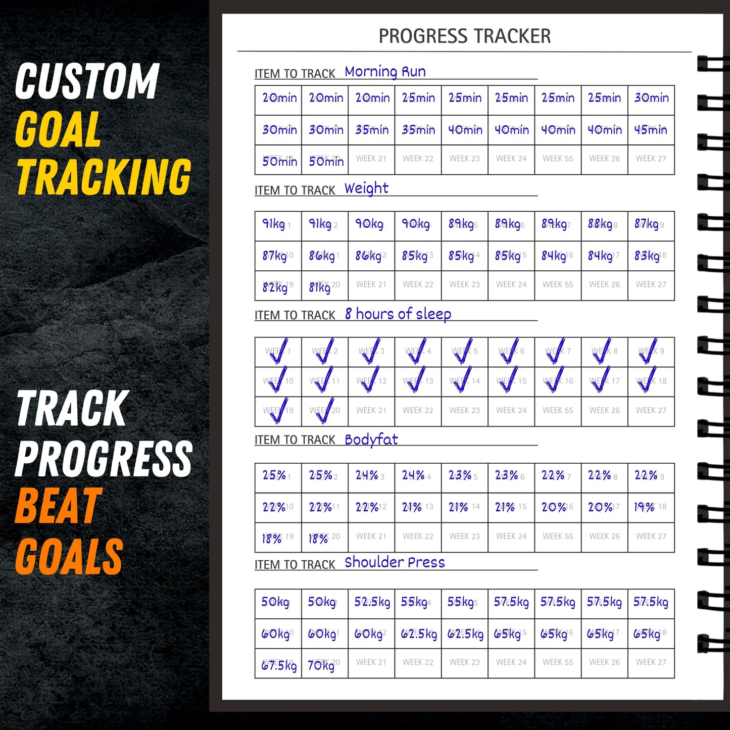 Gym Workout Journal (A5) - Hardback Leather PU Workout Tracker (128 Workouts) - Set Goals & Track Progress | Premium Fitness Journal & Log Book by Gorilla Fit