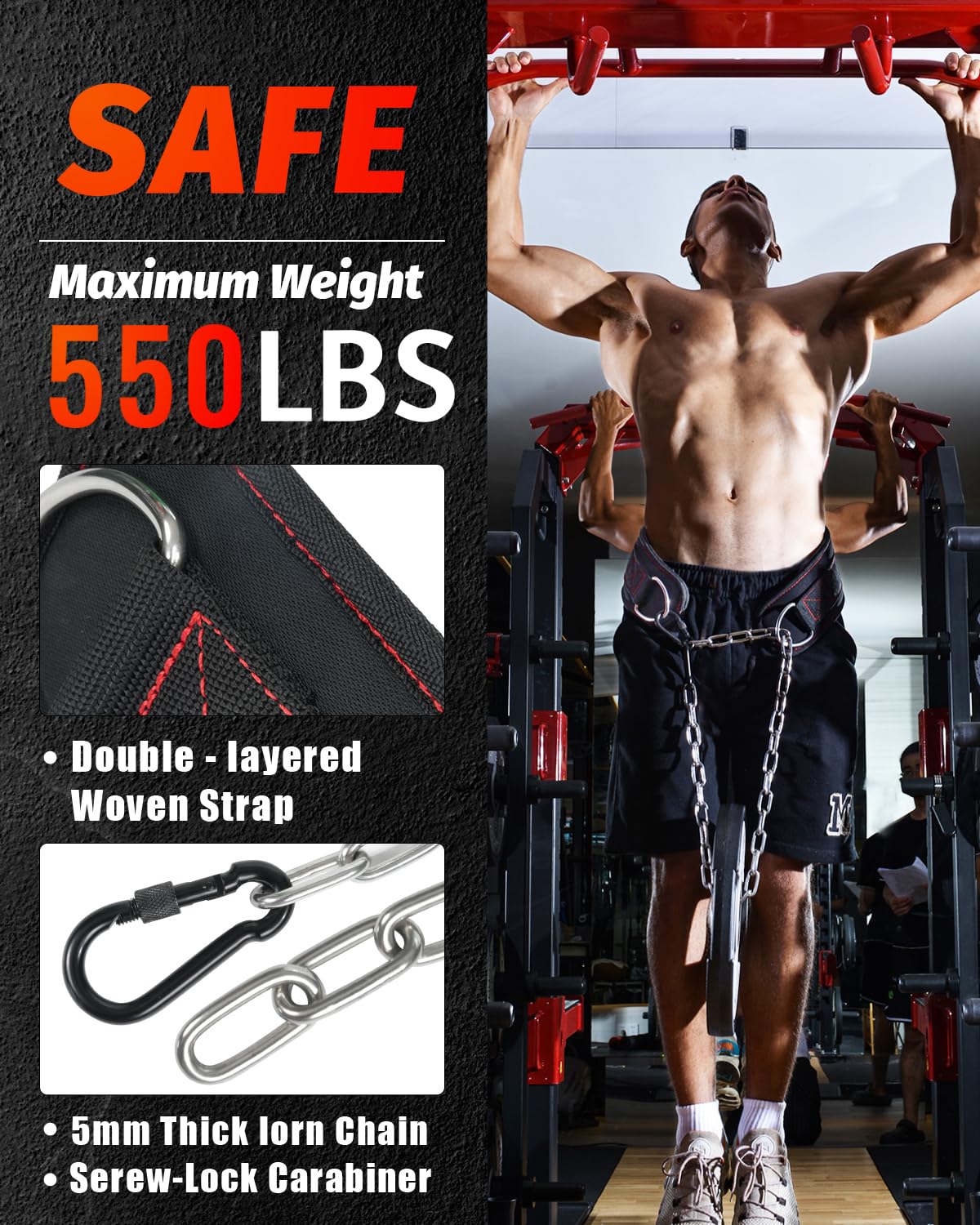 MAXRANK Dip belt With 37-40" Chain, 550lbs - 650lbs Weight Capacity, Weightlifting Belt for Dips and Pullups