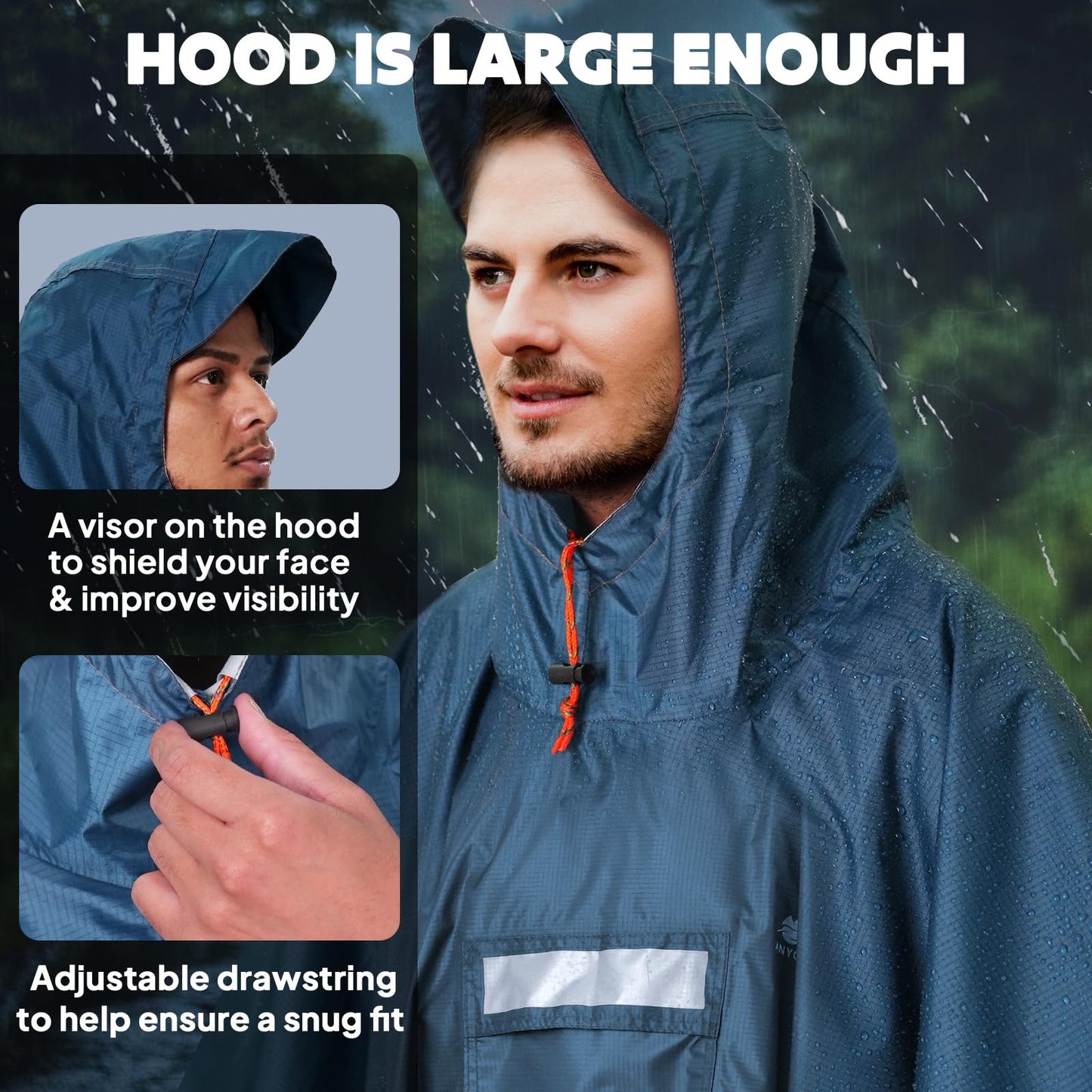ANYOO Hooded Rain Poncho for Adults with Pocket, Waterproof Lightweight Rain Coats for Men Women Reusable Rain Jacket for Emergency Camping Outdoor Activities