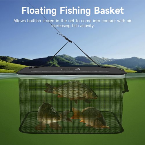 SANLIKE Floating Fishing Basket Collapsible Fishing Net Cage, Rubber Coated Net 59L Fish Basket for Live Caught Fish Minnows Bait Bucket Minnow Trap, Black