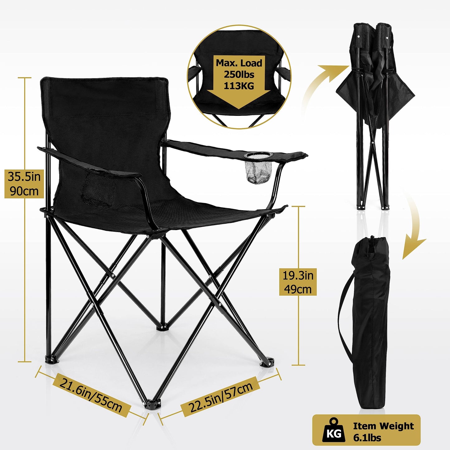 Leonyo 2Pcs Folding Camping Chairs, Outdoor PortableLawn Chairs for Adults with Cup Holders, Carrying Bag for Outside Beach, Sports, Hiking, Black