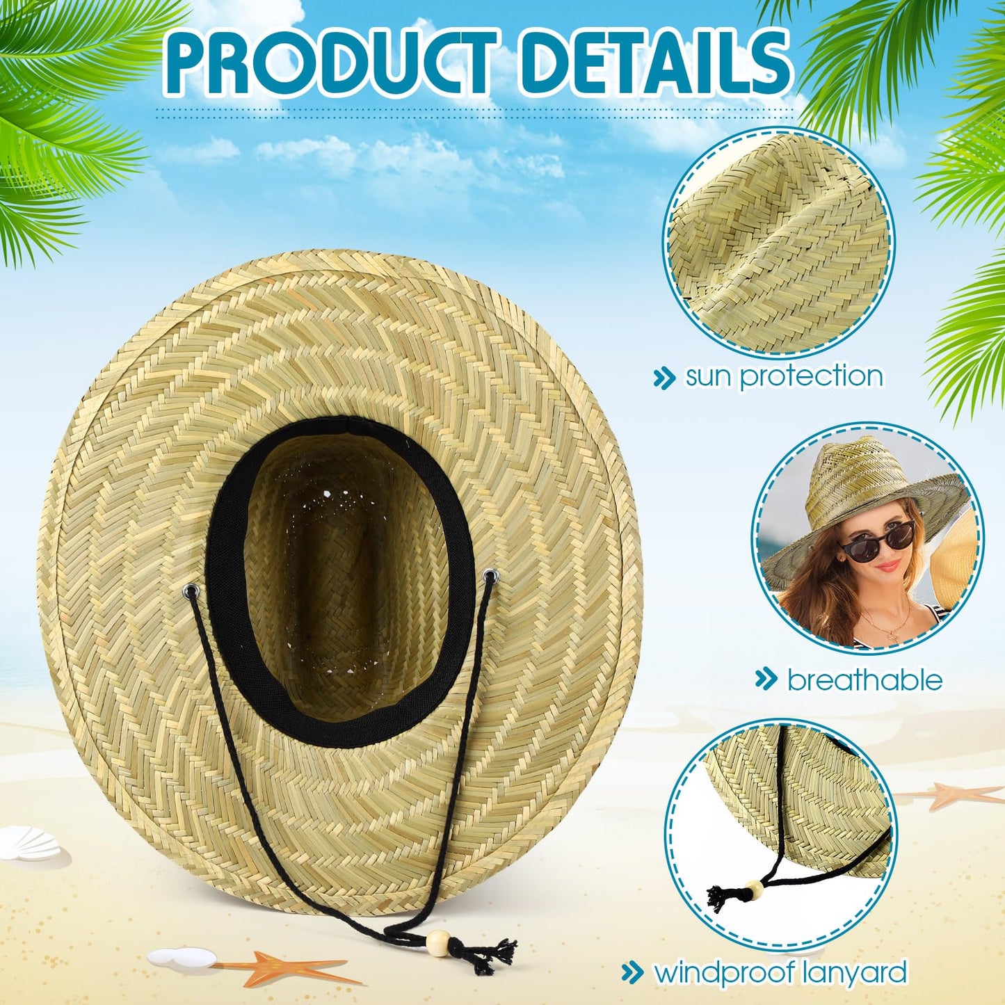 Funtery 12 Pack Straw Hat for Men Summer Large Brim Farmer Beach Sun Protection Straw Hat with Lanyard(Beige)