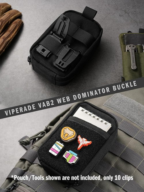VIPERADE VAB2 10 Pack Multipurpose Molle Clip for 1" Molle Webbing, Web Dominator Buckle, Tactical Molle Strap Management for MOLLE Webbing Attachment Backpacks/Pouch/Bag (Black)