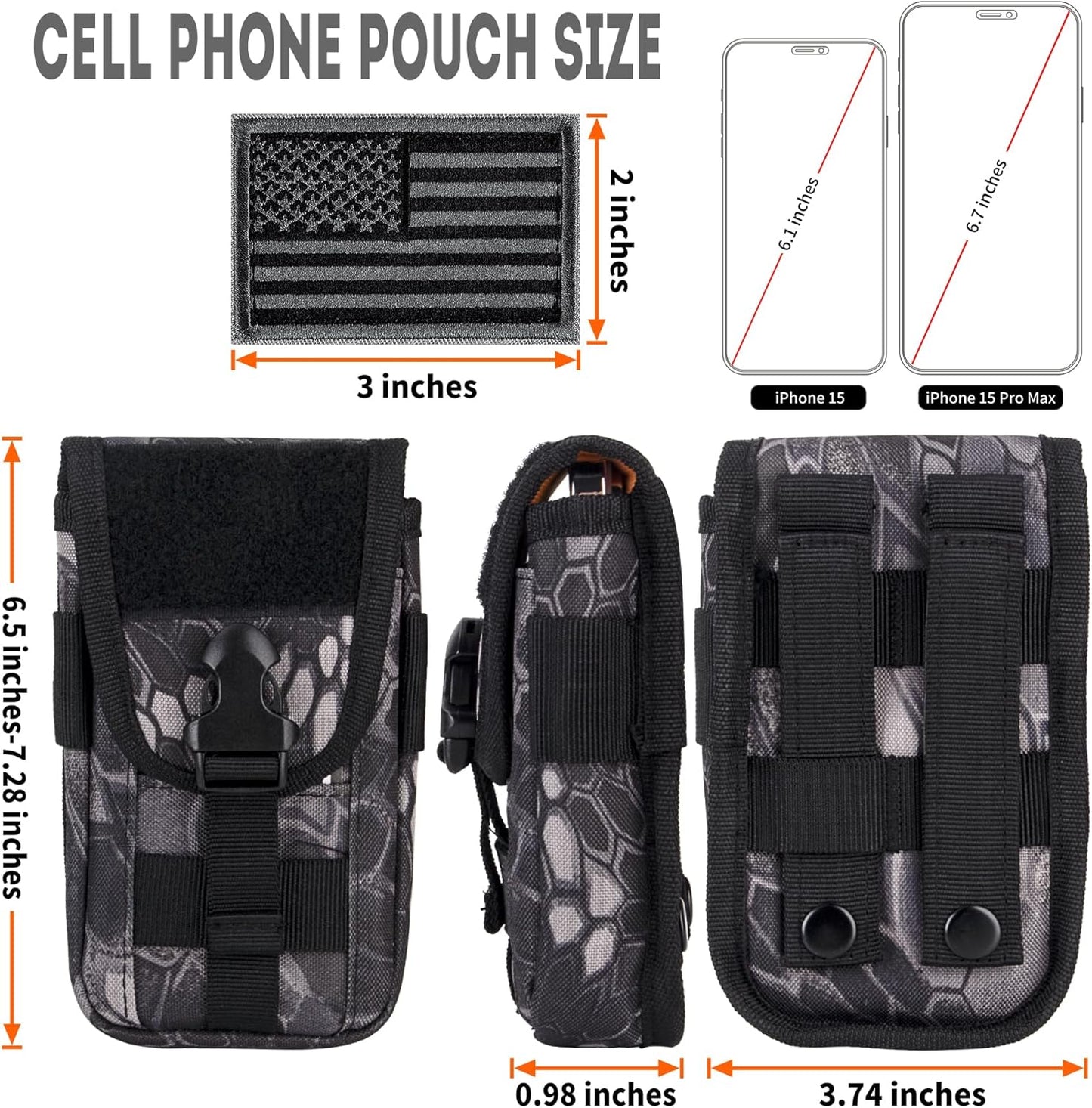 IronSeals Tactical Phone Holster Pouch, Tactical Smartphone Pouches Cellphone Case Molle Gadget Bag Molle Attachment Belt Holder Waist Bag for 4.7"-6.9" with US Flag Patch for iPhone 16 Pro/15 Pro