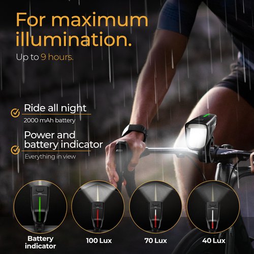 Bike Lights 100 Lux - 2000 mAh Battery - with Reflector & Brake Light - USB-C Rechargeable & Splash Proof - Bike Lights for Night Riding - Bike Headlight - Bicycle Lights Front and Rear