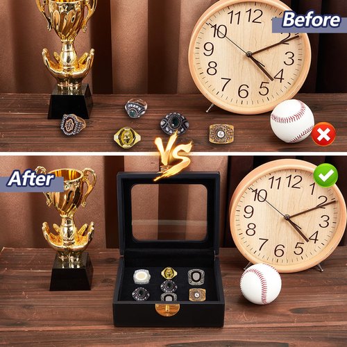 Equsion Championship Ring Display Case Flat Black Ring Display Case Box for Multiple Rings for Single Replica Baseball Softball Football Sports Souvenirs Ring Storage Organizer Wooden Box(7 Slots)