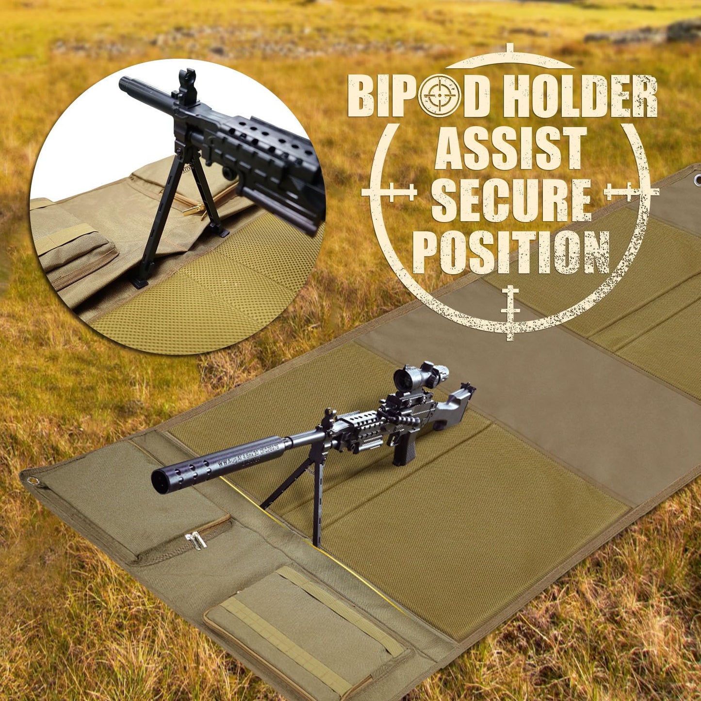 IC ICLOVER Shooting Mat, Tactical Prone Padded Shooting Mats, with 2 Pockets & Molle Webbings & Bipod Holder, Extra Large Non-Slip Waterproof Foldable Pad Blanket for Long Range Rifle Shooting Hunting