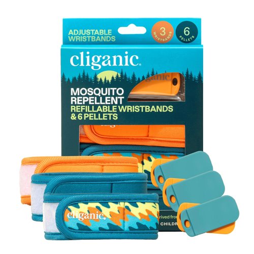Cliganic Mosquito Repellent Pack (3 Wristbands + 6 Refill Pellets) - Adjustable, Natural DEET-Free, Essential Oil Infused