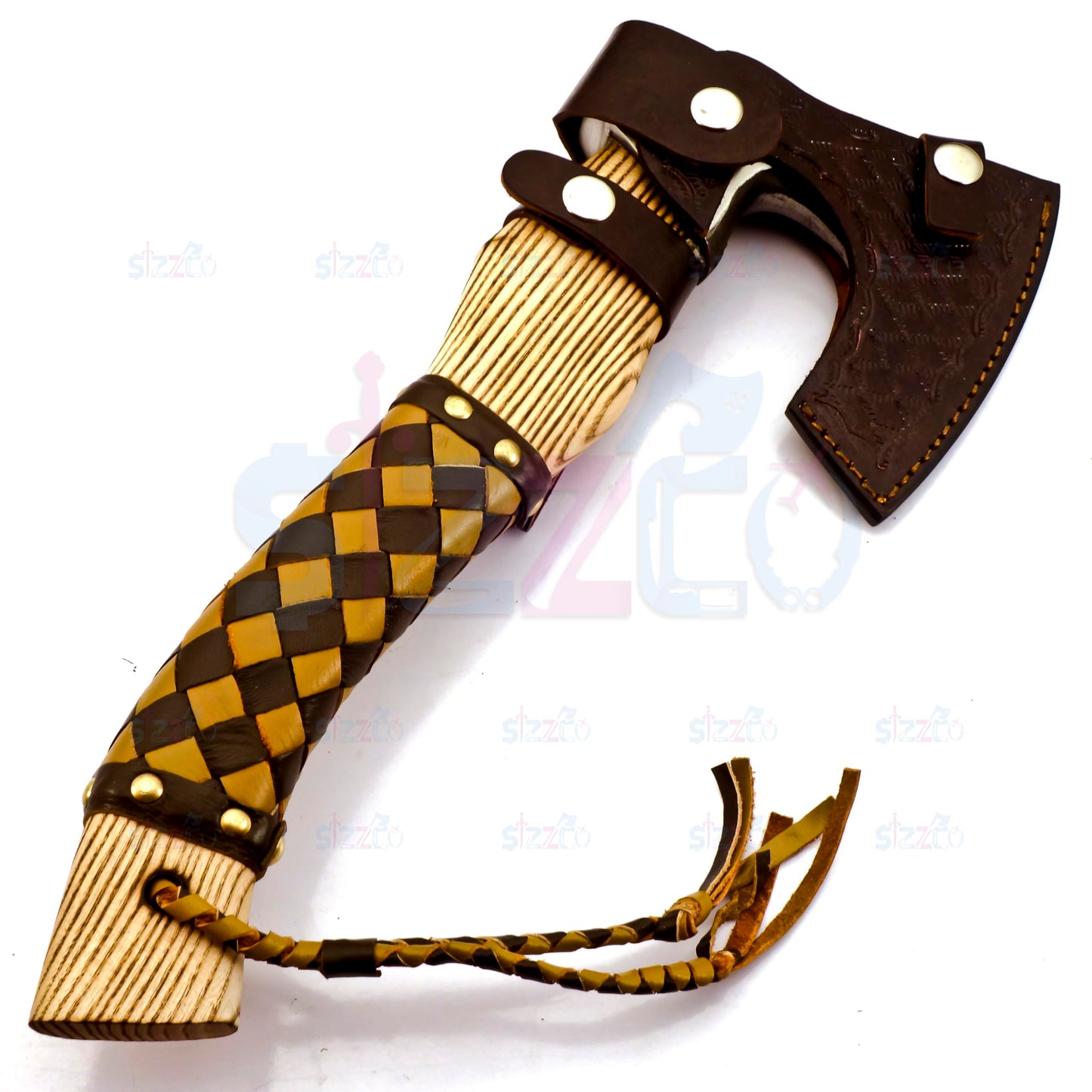 SIZZCO Custom Forged Carbon Steel Viking Style Bearded Axe - Real Hatchet, Throwing & Camping Axe with Leather Wrap Best Gift for Anniversary, Valentine's Day, Birthday with Premium Leather Sheath