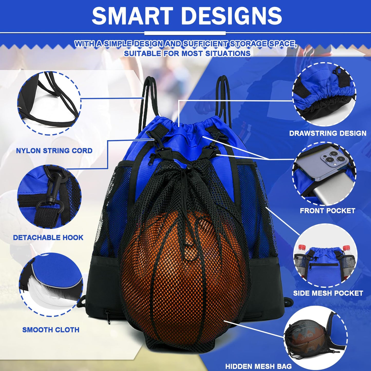 KAEGREEL Drawstring Soccer Bag Foldable Basketball Football Backpack Versatile Sports Bag with Detachable Ball Mesh Bag for Gym Volleyball Baseball Yoga, Blue