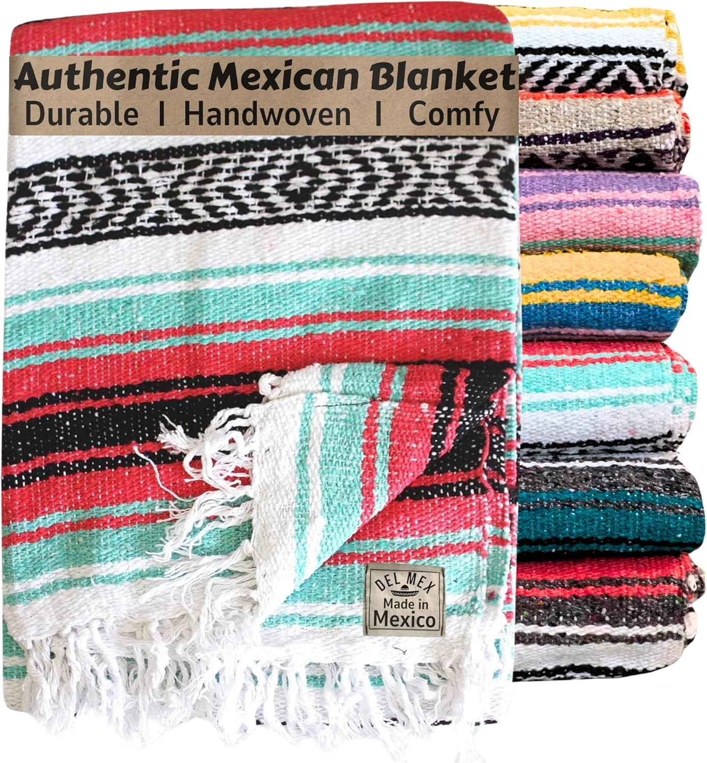 Authentic Del Mex Large Mexican Blanket - Woven Falsa Throw (70"x50") for Beach, Yoga & Outdoor Decor - Pink/Tan