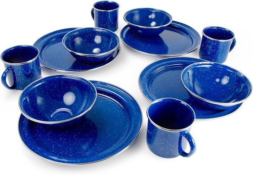 GSI Outdoors Pioneer Enamel 12 Pieces (4-Person) Dish Set I Enamelware Dishes Including Plates, Bowls and Mugs for Camping, Outdoors, RV, Camp, Green