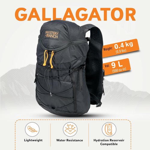 Mystery Ranch Gallagator 10 Backpack – Weather Resistant Travel Bag with Sternum Strap – Black, 10L, L/XL
